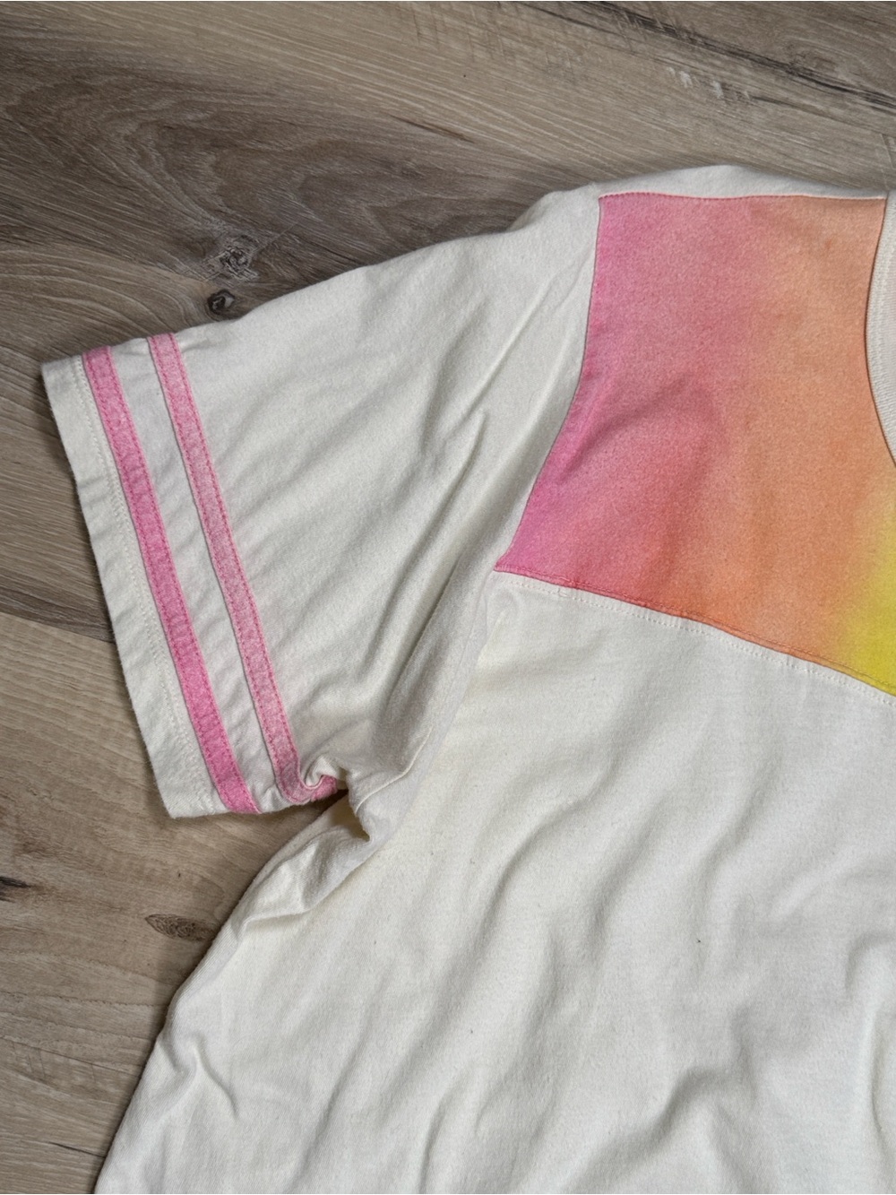 Big Bud Press White T-Shirt with Rainbow Yoke and Pink/Blue Sleeve Stripes - Picture 2 of 4
